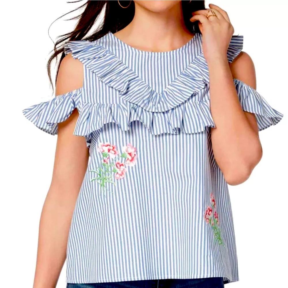 XOXO Top M Cotton Cold Shoulder Blue And White Striped Embroidered Ruffles